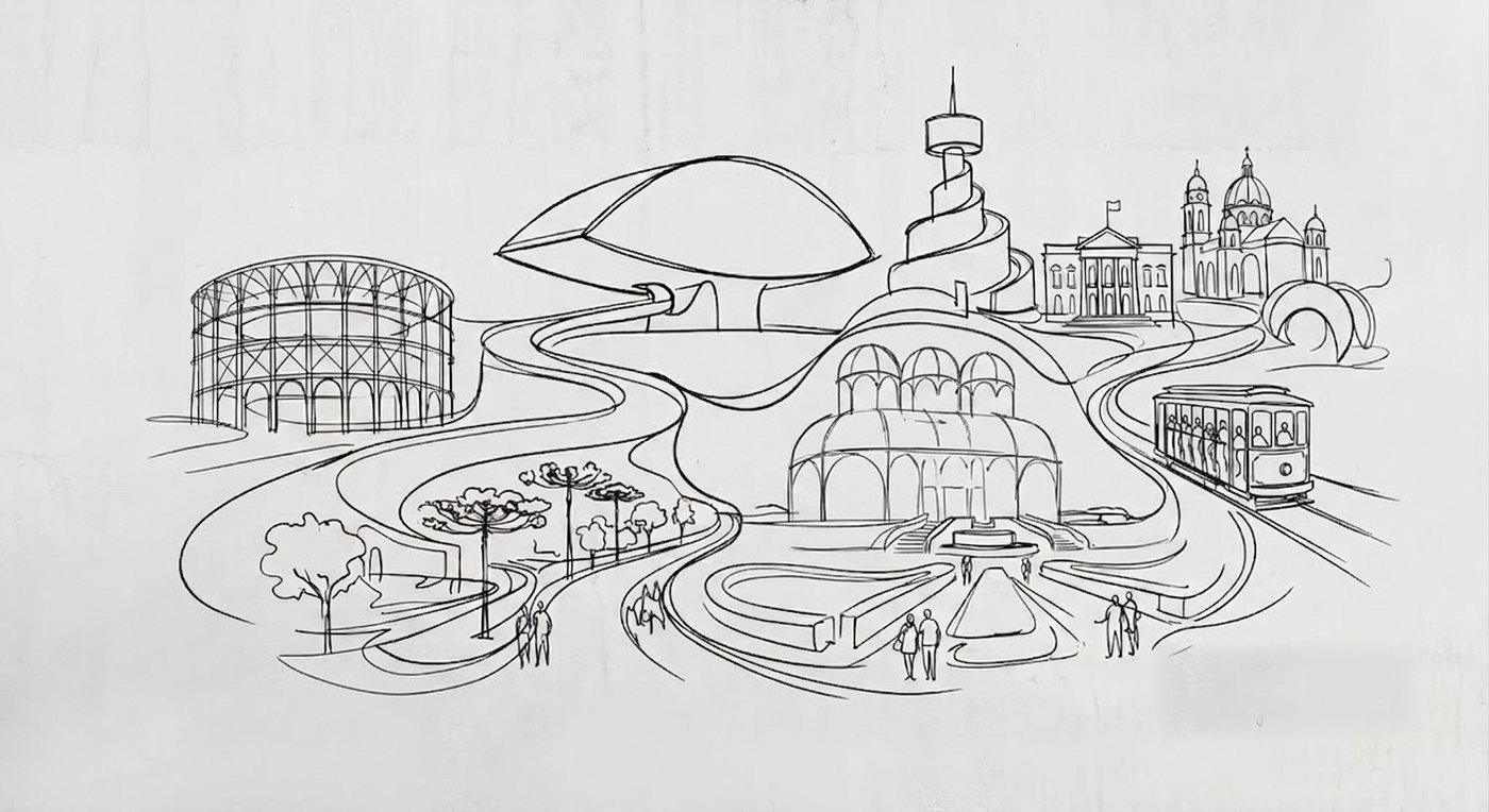 Desenho em linha dos marcos de Curitiba: Ópera de Arame, Museu Oscar Niemeyer, Torre Panorâmica, Jardim Botânico e o bonde da Rua XV